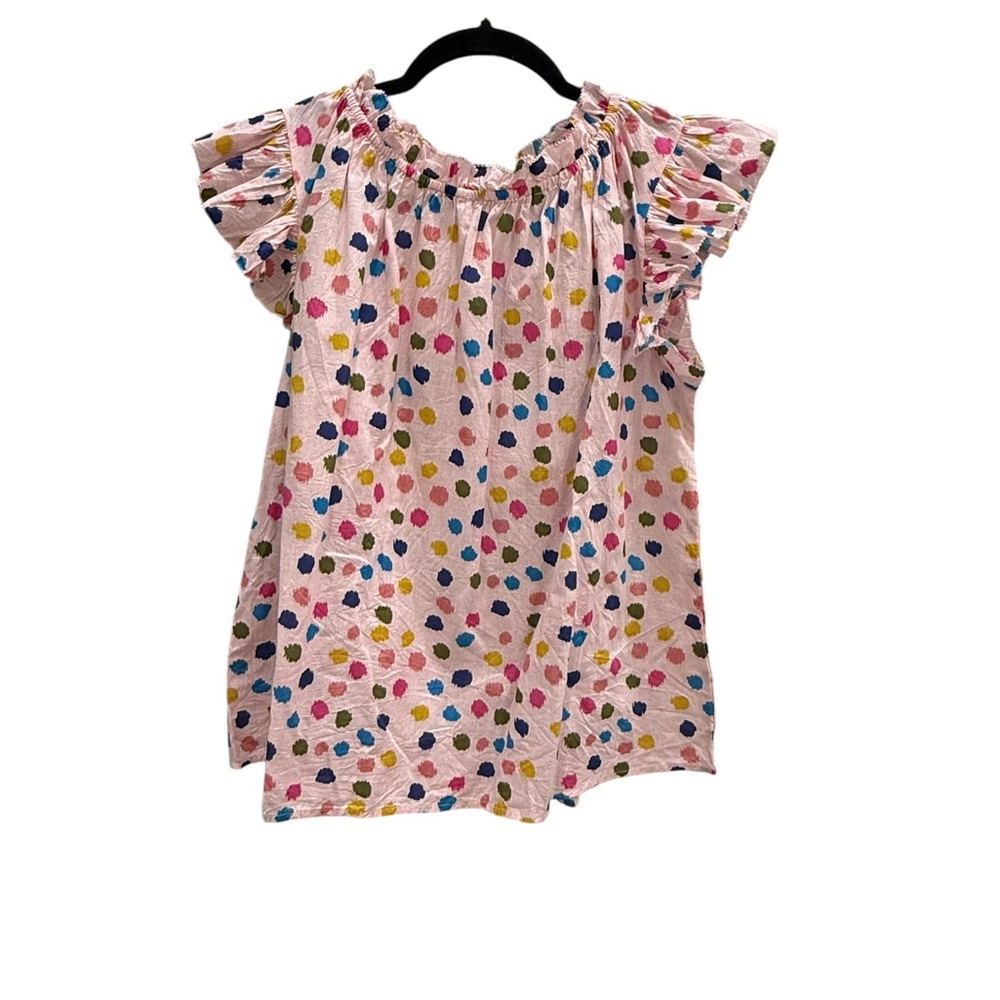 NWT. THML, light pink top with colored spots, size XS. Elastic ruffle neckline.